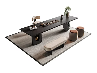 New Chinese Style Tea Table and Chair Low Stool Carpet 3d model