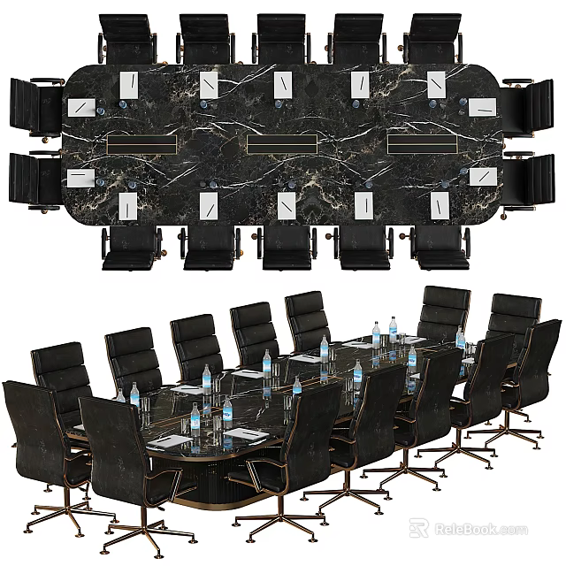 Rectangular And Round Conference Tables With Black Chairs Marble Surface And Table Items 3d model 