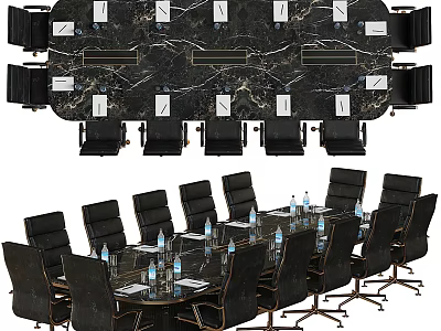 Rectangular And Round Conference Tables With Black Chairs Marble Surface And Table Items 3d model