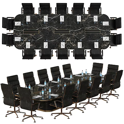 Rectangular And Round Conference Tables With Black Chairs Marble Surface And Table Items 3d model