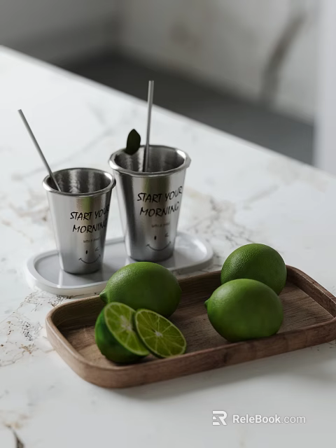 Fresh Limes On Wooden Tray With Metal Cups 3d model 