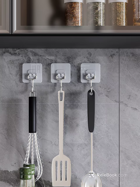 Wall Mounted Kitchen Hooks on Gray Tile Wall Holding Cooking Utensils 3d model