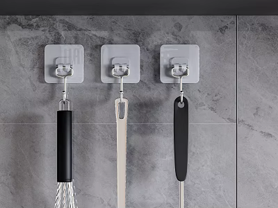 Wall Mounted Kitchen Hooks on Gray Tile Wall Holding Cooking Utensils 3d model