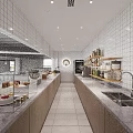 Modern Commercial Kitchen Interior With Stainless Steel Equipment Tile Walls Workstations And Storage Cabinets