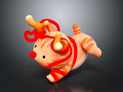 Cute Orange Tiger 3D Model With Black Stripes And Red Decorations Lying Down 3d model
