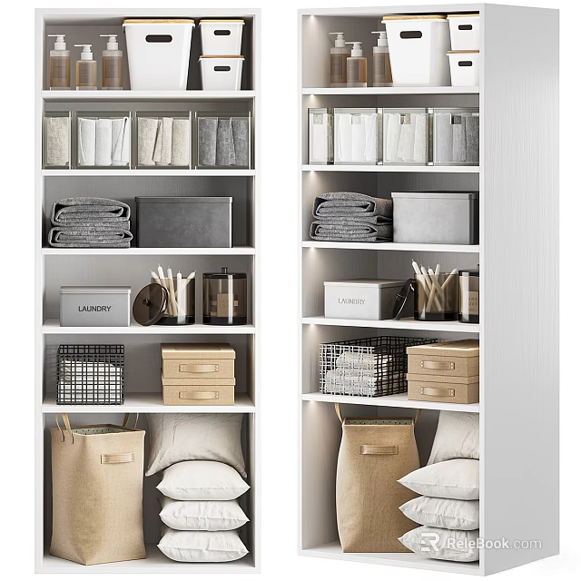 Neat Decorative Cabinet Featuring Multi Shelves With Folded Towels Storage Baskets Boxes And Pillows 3d model 