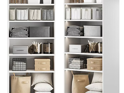 Neat Decorative Cabinet Featuring Multi Shelves With Folded Towels Storage Baskets Boxes And Pillows 3d model