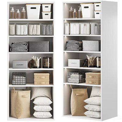 Neat Decorative Cabinet Featuring Multi Shelves With Folded Towels Storage Baskets Boxes And Pillows 3d model