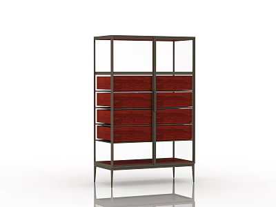 Modern Wine Cabinet With Metal Frame Glass Doors And Red Wood Shelves 3d model