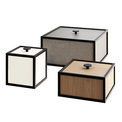 Cube Shaped Decorative Ornament Set With Black Frame And Wooden Gray White Panels 3d model