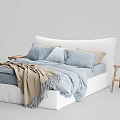 Cozy Modern Double Bed With Blue Sheets Beige Blanket And Wooden Stools