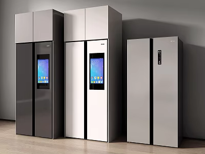 Sleek Modern Refrigerators with Digital Screens and Black White Silver Finishes 3d model
