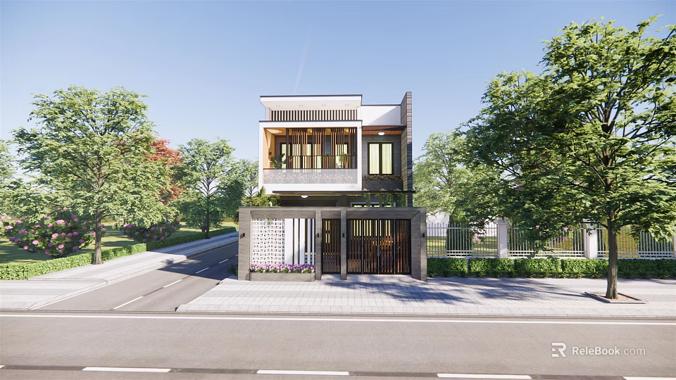 Modern Two Story Detached Villa Exterior With White Walls Wooden Windows And Greenery 3d model 