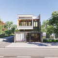 Modern Two Story Detached Villa Exterior With White Walls Wooden Windows And Greenery