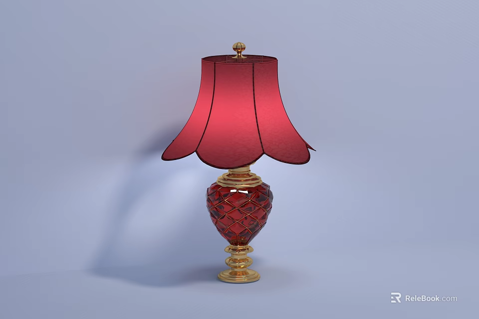 Red Glass Table Lamp With Elegant Red Lampshade And Gold Base Accents 3d model 
