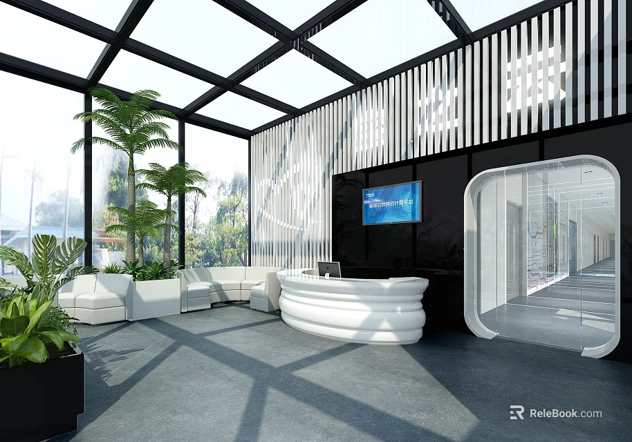 Modern Reception Area With Glass Curtain Wall Green Plants White Sofas And TV Screen 3d model 