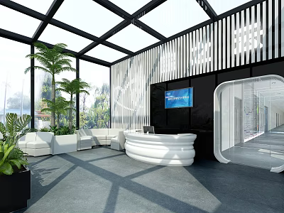 Modern Reception Area With Glass Curtain Wall Green Plants White Sofas And TV Screen 3d model