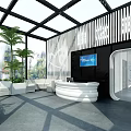 Modern Reception Area With Glass Curtain Wall Green Plants White Sofas And TV Screen