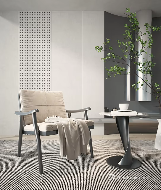 Stylish Beige Leisure Chair with Metal Frame Beside Side Table and Green Plant 3d model 