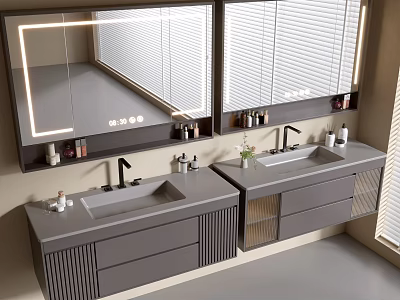 Modern Gray Bathroom Vanity Cabinets With Double Sink LED Mirror And Storage Drawers 3d model