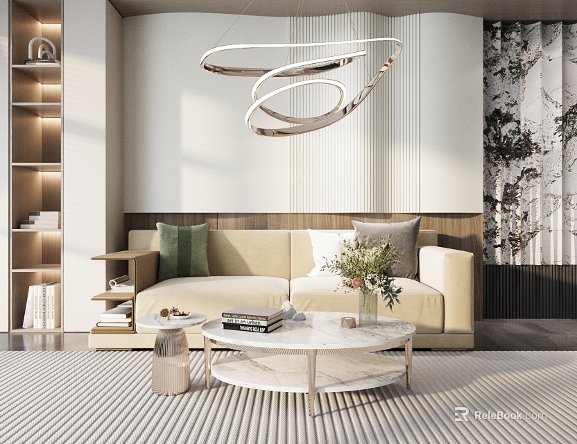 Beige Double Sofa In Modern Living Room With Green Grey Cushions Marble Coffee Table And Ring Chandelier 3d model 