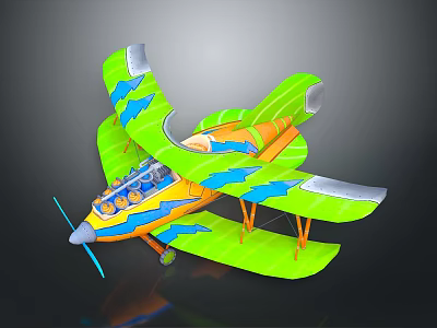 Space Themed Biplane Model With Green Yellow Blue Design And Propeller Cockpit 3d model