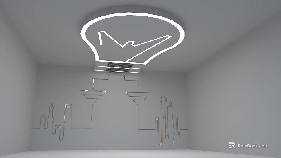 Illuminated Ceiling With Light Bulb Shaped Decoration Golden Lines And Tool Patterns 3d model