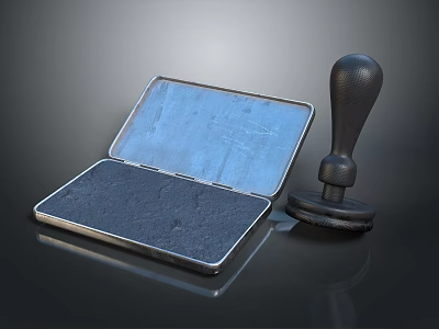 Open Metal Ink Pad and Black Stamp as Essential Household Items 3d model