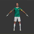 A Man in Green Soccer Jersey Red Details White Shorts Goalkeeper Gloves Arms Outstretched