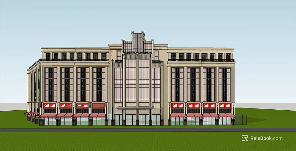 Modern Multi Story Commercial Complex With Glass Facade And Retail Storefronts 3d model