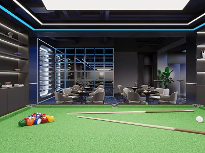 Elegant Billiard Room Interior With Green Table Colorful Balls Cues Comfortable Seating And Blue Lighting 3d model
