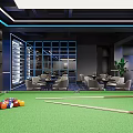 Elegant Billiard Room Interior With Green Table Colorful Balls Cues Comfortable Seating And Blue Lighting