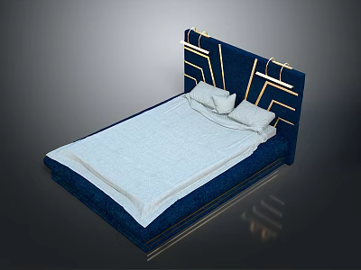 Modern Dark Blue Bed With Gold Geometric Headboard White Mattress And Pillows 3d model
