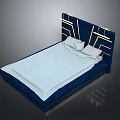 Modern Dark Blue Bed With Gold Geometric Headboard White Mattress And Pillows