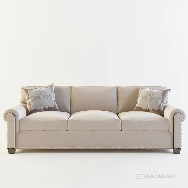 Elegant Beige Three Seater Sofa with Curved Arms and Patterned Decorative Pillows 3d model 