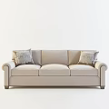 Elegant Beige Three Seater Sofa with Curved Arms and Patterned Decorative Pillows