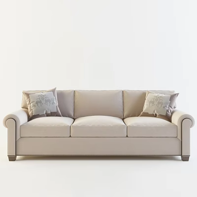 Elegant Beige Three Seater Sofa with Curved Arms and Patterned Decorative Pillows 3d model
