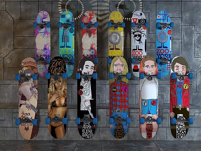 Skateboards With Unique Artistic Designs On Wall 3d model Skateboards With Unique Artistic Designs On Wall 3d model