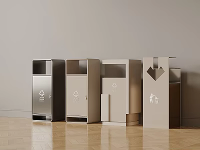Modern Metallic Trash Bins With Recycling Symbols Lined Up Against Wall On Wooden Floor 3d model