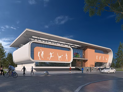 Modern Sports Building With Orange White Facade Curved Roof And Sport Silhouettes 3d model