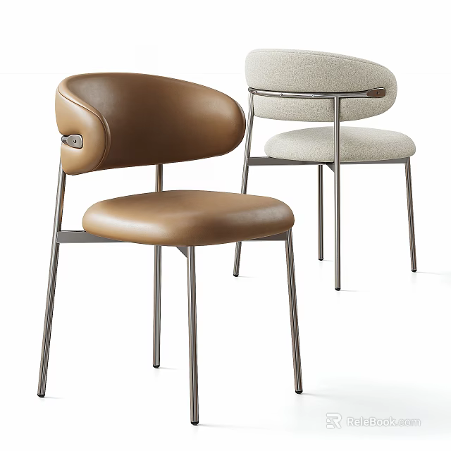 Modern Dining Chairs With Brown Leather And Light Gray Fabric Seats And Metal Legs 3d model 