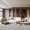 Modern Living Room Interior With White Sofas Striped Rug Wooden Shelving And Green Plant