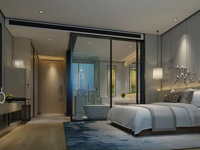 Modern Hotel Guest Room With Bed Bathtub Glass Partition And Decorative Wall Art 3d model