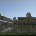 Modern Hotel Building Exterior With Glass Facade Pond And Green Trees
