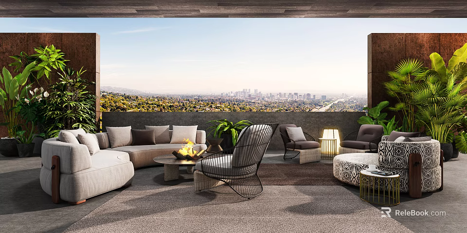 Stylish Outdoor Sofa Setup On Terrace With City View Fire Pit And Accent Chairs 3d model 