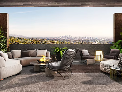 Stylish Outdoor Sofa Setup On Terrace With City View Fire Pit And Accent Chairs 3d model