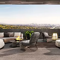 Stylish Outdoor Sofa Setup On Terrace With City View Fire Pit And Accent Chairs