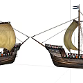 Traditional Wooden Sailing Ships With Raised Sails And Blue Flags