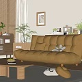 Modern Yellow Sofa and Coffee Table Set with Comfortable Cushions Wooden Top and Green Plants