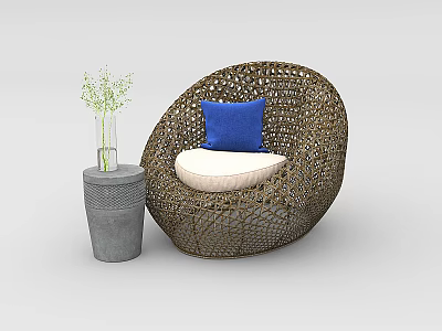 Wicker Leisure Chair With Blue Cushion White Seat Pad Grey Side Table And Green Plants 3d model